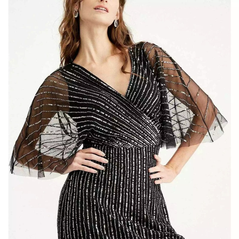 Adrianna Papell Womens Black Beaded Sequin Gown Size 10‎